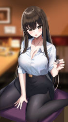 Rule 34 | 1girl, absurdres, black eyes, black hair, black pantyhose, black skirt, blurry, blurry background, blush, breasts, cleavage, commentary, commentary request, crossed bangs, english commentary, foot out of frame, hair between eyes, hanasaka houcha, highres, holding, kneeling, large breasts, long hair, long sleeves, looking at viewer, mixed-language commentary, open mouth, original, pantyhose, pencil skirt, pillow, shirt, shirt tucked in, sitting, skirt, smile, solo, tented shirt, wariza, white shirt