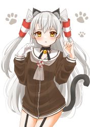 Rule 34 | 1girl, amatsukaze (kancolle), animal ears, brown dress, cat ears, cat tail, cocoperino, commentary request, cowboy shot, dress, garter straps, gloves, grey neckerchief, hair tubes, hat, kantai collection, lifebuoy, lifebuoy ornament, long hair, looking at viewer, mini hat, neckerchief, paw print, red thighhighs, sailor collar, sailor dress, short dress, silver hair, simple background, single glove, smokestack hair ornament, solo, striped clothes, striped thighhighs, swim ring, tail, thighhighs, two side up, white background, white gloves, white sailor collar
