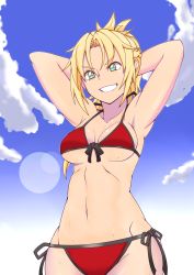 Rule 34 | 1girl, armpits, arms behind head, bad id, bad pixiv id, bikini, blonde hair, blue sky, breasts, cleavage, cloud, cowboy shot, day, fate/apocrypha, fate/grand order, fate (series), from below, front-tie top, green eyes, grin, groin, halterneck, highres, medium breasts, minakamirin, mordred (fate), mordred (fate) (all), mordred (fate/apocrypha), mordred (swimsuit rider) (fate), mordred (swimsuit rider) (first ascension) (fate), navel, red bikini, side-tie bikini bottom, side-tie bottom, sky, smile, solo, swimsuit