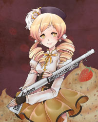 Rule 34 | 10s, 1girl, author-chan, beret, blonde hair, breasts, corset, csiguli, cupcake, detached sleeves, drill hair, fingerless gloves, food, fruit, gloves, gun, hair ornament, hairpin, hat, magical girl, magical musket, mahou shoujo madoka magica, mahou shoujo madoka magica (anime), pleated skirt, puffy sleeves, ribbon, rifle, shirt, skirt, smile, solo, strawberry, taut clothes, taut shirt, tomoe mami, twin drills, twintails, weapon, witch&#039;s labyrinth, yellow eyes