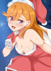 Rule 34 | 1girl, absurdres, bare shoulders, blush, breasts, cleavage, downblouse, eine (ein-faust), hat, highres, leaning forward, long hair, looking at viewer, love live!, love live! superstar!!, medium breasts, no bra, open mouth, orange hair, purple eyes, santa costume, santa hat, shibuya kanon, smile, snow, solo