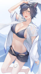 Rule 34 | 1girl, animal ears, arm up, bikini, bikini under clothes, black hair, black shorts, blue bikini, blue eyes, breasts, cat ears, cleavage, collarbone, collared shirt, commentary, commission, english commentary, foot out of frame, hand on own head, highres, holding, jacket, large breasts, long sleeves, looking at viewer, navel, off shoulder, one eye closed, open clothes, open fly, open jacket, open mouth, open shirt, original, pallad, see-through, see-through shirt, shirt, short hair, short shorts, short sleeves, shorts, skeb commission, sleeves past wrists, smile, standing, standing on one leg, swimsuit, thighs, wet, wet clothes, white jacket, white shirt