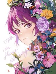 1girl birthday blue_flower blush character_name closed_mouth detached_sleeves english_text flower from_behind hair_between_eyes hair_flower hair_ornament happy_birthday hashtag-only_commentary light_smile looking_at_viewer looking_back mococo_(w-drill) parted_bangs pink_flower plant portrait purple_eyes purple_hair purple_trim red_flower short_hair simple_background solo utane_uta utau white_background wispy_bangs yellow_flower