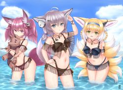 Rule 34 | 3girls, animal ears, arknights, breasts, female focus, fluffy, fox ears, fox girl, fox tail, highres, multiple girls, open mouth, rylaera, shamare (arknights), small breasts, sussurro (arknights), sussurro (summer flower) (arknights), suzuran (arknights), swimsuit, tail, variant set
