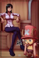 Rule 34 | 1boy, 1girl, age difference, black hair, breasts, child, highres, horny graphite, large breasts, long hair, nico robin, one piece, smile, tony tony chopper