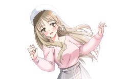 Rule 34 | 1girl, blush, breasts, brown eyes, brown hair, commentary request, dutch angle, earrings, fur hat, grey skirt, hat, high-waist pants, jewelry, long hair, long sleeves, looking away, medium breasts, necklace, nijisanji, open mouth, pants, parted bangs, pink shirt, plaid, plaid skirt, shirihime, shirt, simple background, sister claire, sister claire (4th costume), skirt, solo, very long hair, virtual youtuber, white background, white hat