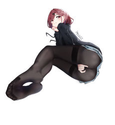 1girl absurdres ass brown_hair covering_crotch covering_privates dkeys feet highres higuchi_madoka hood hoodie idolmaster idolmaster_shiny_colors looking_at_viewer medium_hair panties pantyhose pantyshot red_eyes soles toes underwear