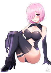 Rule 34 | 1girl, :d, absurdres, bad id, bad pixiv id, biya (1024), black gloves, black leotard, black thighhighs, blush, breasts, cleavage, collarbone, elbow gloves, fate/grand order, fate (series), full body, gloves, hair over one eye, high heels, highleg, highleg leotard, highres, leotard, looking at viewer, mash kyrielight, medium breasts, open mouth, pink hair, purple eyes, purple gloves, purple thighhighs, revealing clothes, shiny clothes, shiny legwear, short hair, signature, simple background, sitting, smile, solo, thigh strap, thighhighs, twitter username, two-tone gloves, two-tone legwear, white background