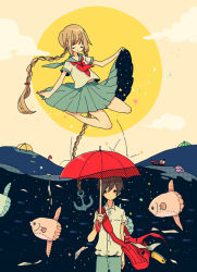 Rule 34 | 1boy, 1girl, absurdly long hair, anchor, asian kung-fu generation, bag, bow, brown hair, clothes lift, cloud, commentary request, fish, floating, holding, holding umbrella, kurokeisin, long hair, looking at another, looking down, luna fish, necktie, original, partially underwater shot, pleated skirt, red eyes, red necktie, school bag, school uniform, seiza, serafuku, ship, short sleeves, simple background, sitting, skirt, skirt lift, sky, star (sky), star trail, starry sky, sun, sunfish, surreal, umbrella, underwater, very long hair, watercraft