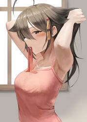 Rule 34 | 1girl, ahoge, alternate costume, arms behind head, arms up, breasts, brown eyes, camisole, hair down, hair flaps, hair ornament, highres, honmakaina kudou, kantai collection, mouth hold, pink camisole, shigure (kancolle), shigure kai ni (kancolle), small breasts, solo, spaghetti strap, upper body
