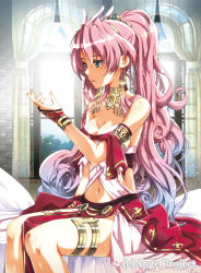 Rule 34 | 1girl, ange vierge, armlet, aurora (ange vierge), bed, breasts, bridal gauntlets, canopy bed, choker, cleavage, collarbone, gradient hair, green eyes, hair between eyes, hairband, high ponytail, highres, indoors, long hair, medium breasts, midriff, multicolored hair, navel, nyoro (nyoronyoro000), on bed, open mouth, pink hair, sitting, solo, stomach, thighlet, very long hair