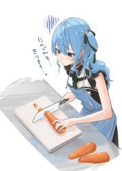 Rule 34 | 1girl, absurdres, apron, black dress, black ribbon, blue apron, blue eyes, blue hair, carrot, chopping, collared dress, cutting board, dress, from above, hair ornament, hair ribbon, highres, hololive, hoshimachi suisei, hoshimachi suisei (streetwear), kitchen knife, lace sleeves, long hair, nisi ki no, official alternate costume, ribbon, side ponytail, solo, star (symbol), star hair ornament, virtual youtuber, white background, white dress, worried