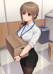 Rule 34 | 1girl, bags under eyes, black pantyhose, black skirt, box, bra visible through clothes, braid, braided ponytail, breast rest, breasts, brown hair, cardboard box, carried breast rest, carrying, commentary, dress shirt, hair ornament, hair over shoulder, hair scrunchie, highres, holding, holding box, idolmaster, idolmaster cinderella girls, indoors, kamille (vcx68), lanyard, medium breasts, medium hair, miniskirt, office lady, pantyhose, pencil skirt, red eyes, red scrunchie, revision, scrunchie, senkawa chihiro, shirt, short sleeves, side ponytail, skirt, sleeves rolled up, solo, standing, watch, white shirt, wing collar, wristwatch