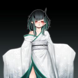 Rule 34 | 1girl, nanashi inc., absurdres, alternate costume, black hair, blue hair, blush, commentary request, demon girl, demon horns, doryudory, feet out of frame, flat chest, floral print, gradient background, grey background, highres, horns, japanese clothes, kimono, long sleeves, looking at viewer, medium hair, multicolored hair, obi, off shoulder, open mouth, pointy ears, red eyes, sash, shishio chris, sleeves past fingers, sleeves past wrists, solo, sugar lyric, two-tone hair, virtual youtuber, white kimono, white sash, wide sleeves