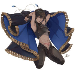 Rule 34 | 1boy, androgynous, anotherxalice, armpits, arms up, black hair, black pants, cape, cartolaio, chain, dark skin, kneeling, male focus, midriff, navel, official art, open fly, pants, grey eyes, simple background, tattoo, white background