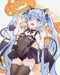 Rule 34 | absurdres, alternate costume, alternate hairstyle, animal ears, azur lane, blue eyes, blue hair, blush, breasts, cat ears, commentary request, fake animal ears, halloween, halloween costume, highres, jack-o&#039;-lantern, janus (azur lane), janus (fright-night scaredy-cat) (azur lane), long hair, looking at viewer, lyvysn, navel, open mouth, simple background, small breasts, tail, thighhighs, twintails