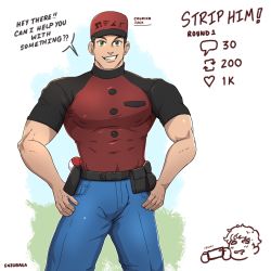 Rule 34 | 1boy, artist name, bara, belt, belt bag, brown hair, courier (pokemon), covered erect nipples, creatures (company), denim, english text, enzobara, feet out of frame, game freak, green eyes, hand on own hip, hat, highres, jeans, large pectorals, looking at viewer, male focus, manly, mature male, meme, muscular, muscular male, nintendo, pants, pectorals, poke ball, pokemon, pokemon sv, shirt, short hair, simple background, smile, solo, speech bubble, teeth, thick arms, thick eyebrows, tight clothes, white background