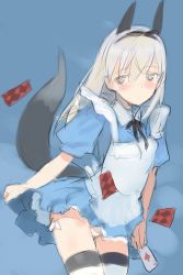 Rule 34 | 1girl, animal ears, blonde hair, blush, card, dress, eila ilmatar juutilainen, floating card, floating card, fox ears, holding, holding card, long hair, panties, playing card, purple eyes, shimada fumikane, side-tie panties, solo, strike witches, thighhighs, underwear, world witches series