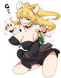 Rule 34 | 1girl, aoi renji, armlet, bare shoulders, black collar, black dress, blonde hair, blue eyes, bowsette, bracelet, breasts, claw pose, cleavage, collar, dress, earrings, highres, horns, jewelry, large breasts, mario (series), new super mario bros. u deluxe, nintendo, pointy ears, sharp teeth, simple background, solo, spiked armlet, spiked bracelet, spiked collar, spiked shell, spikes, strapless, strapless dress, super crown, teeth, turtle shell, white background