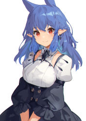 Rule 34 | 1girl, akizone, blue hair, breasts, highres, long hair, looking at viewer, medium breasts, original, pointy ears, puffy sleeves, red eyes, simple background, smile, solo, upper body, white background