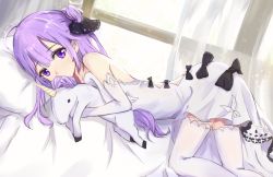 Rule 34 | 1girl, ahoge, azur lane, bare shoulders, bed sheet, black bow, black ribbon, blush, bow, commentary request, covered mouth, curtains, day, detached sleeves, dress, dutch angle, hair between eyes, hair bun, hair ribbon, long hair, long sleeves, lying, nose blush, hugging object, on side, one side up, pillow, purple eyes, purple hair, ribbon, side bun, single hair bun, single side bun, solo, stuffed animal, stuffed pegasus, stuffed toy, stuffed unicorn, stuffed winged unicorn, sunlight, thighhighs, transparent, unicorn (azur lane), very long hair, wakaka, white dress, white thighhighs, window