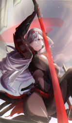 Rule 34 | 1girl, absurdres, arm guards, armor, armored bodysuit, belt, bodysuit, breasts, brown belt, brown bodysuit, dagger, feet out of frame, goddess of victory: nikke, grey hair, hair between eyes, halo, highres, hirokichi shouji, holding, holding sword, holding weapon, japanese armor, katana, knife, long hair, looking at viewer, medium breasts, official alternate costume, on one knee, parted lips, red eyes, reverse grip, scarlet (black shadow) (nikke), scarlet (nikke), sheath, shoulder armor, sivarkart, solo, sword, weapon