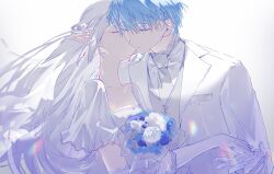 Rule 34 | 1boy, 1girl, absurdres, blue flower, blue rose, bouquet, braid, bride, byuey, couple, dress, earrings, elf, facing another, flat chest, floating hair, flower, formal, french braid, frieren, gloves, grey hair, grey necktie, grey vest, groom, half updo, hand up, hetero, highres, himmel (sousou no frieren), holding, holding bouquet, jacket, jewelry, kiss, kissing cheek, mole, mole under eye, necktie, outstretched arm, pointy ears, reaching, rose, shirt, simple background, smile, sousou no frieren, suit, upper body, veil, vest, wedding, wedding dress, white background, white dress, white flower, white gloves, white hair, white jacket, white rose, white shirt, white suit, wing collar