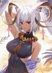 Rule 34 | 1girl, animal ears, ankh necklace, arknights, arm behind head, arm up, armpits, backlighting, bare shoulders, black one-piece swimsuit, breasts, carnelian (arknights), carnelian (shimmering dew) (arknights), casual one-piece swimsuit, closed mouth, covered navel, goat ears, goat girl, goat horns, grey hair, horns, impossible clothes, impossible swimsuit, large breasts, longyu (17767756), looking at viewer, off shoulder, official alternate costume, one-piece swimsuit, red eyes, short hair, smile, solo, swimsuit, upper body
