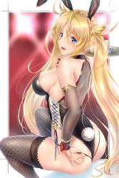 Rule 34 | 1girl, animal ears, ass, bare shoulders, black gloves, black leotard, black panties, black thighhighs, blonde hair, blue eyes, blush, bradamante (fate), bradamante (welcome bunny) (fate), braid, breasts, bridal gauntlets, detached collar, fake animal ears, fate/grand order, fate (series), fishnet thighhighs, fishnets, french braid, gloves, hair between eyes, holding, holding tray, leotard, long hair, looking at viewer, medium breasts, no bra, open mouth, outside border, panties, playboy bunny, rabbit ears, rabbit tail, rei kun, revision, see-through, sideboob, signature, sitting, smile, solo, string panties, tail, thighhighs, thighs, tray, twintails, underwear, very long hair, wrist cuffs