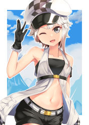 Rule 34 | 1girl, ;d, akishimo (kancolle), arknights, armband, armpits, asymmetrical bangs, asymmetrical hair, bandeau, bare shoulders, belt, black bandeau, black gloves, black shorts, blue sky, breasts, brown hair, cabbie hat, checkered clothes, checkered headwear, cliffheart (arknights), cliffheart (arknights) (cosplay), cloud, collarbone, commentary, cosplay, cowboy shot, day, gloves, gradient hair, grey eyes, groin, hand up, hat, highres, kantai collection, looking at viewer, midriff, mountainous horizon, multicolored hair, navel, one eye closed, open mouth, short hair, short hair with long locks, short shorts, shorts, sidelocks, silver hair, sky, sleeveless duster, small breasts, smile, solo, standing, underbust, white belt, white hat, yasume yukito