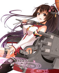 Rule 34 | 10s, 1girl, blush, breasts, brown eyes, brown hair, cherry blossoms, flower, hair flower, hair ornament, kantai collection, kentaurosu, long hair, looking at viewer, personification, ponytail, simple background, solo, thighhighs, white background, yamato (kancolle)