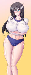 Rule 34 | 1girl, aged up, arms under breasts, black hair, blue buruma, blue eyes, blush, breasts, buruma, cameltoe, cleft of venus, closed mouth, commentary request, covered erect nipples, feet out of frame, flower, gluteal fold, gradient background, gym shirt, gym uniform, hair between eyes, hair flower, hair ornament, huge breasts, huge nipples, juuroku, long hair, looking at viewer, midriff, navel, partial commentary, saten ruiko, shiny skin, shirt, smile, solo, stomach, thigh gap, thighs, toaru kagaku no railgun, toaru majutsu no index, white flower, white shirt, yellow background