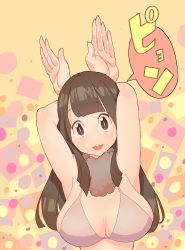 Rule 34 | 1girl, absurdres, armpits, arms up, bikini, bikini top only, blunt bangs, breasts, brown eyes, brown hair, cleavage, highres, large breasts, long hair, nobile1031, open mouth, orange background, original, rabbit pose, smile, solo, speech bubble, swimsuit