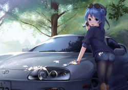Rule 34 | 10s, 1girl, alternate costume, black pantyhose, blue eyes, blue hair, blush, boots, bracelet, brown footwear, car, cardigan, cellphone, commentary request, dappled sunlight, day, double bun, eyebrows, eyewear on head, from side, gedou (shigure seishin), glasses, hair bun, hat, holding, holding phone, jewelry, kantai collection, knee boots, license plate, looking at viewer, looking to the side, matching hair/eyes, motor vehicle, open mouth, pantyhose, pantyhose under shorts, phone, product placement, revision, short hair, short shorts, shorts, sleeves pushed up, smartphone, solo, sunglasses, sunlight, talking on phone, toyota, toyota supra, toyota supra mk iv, tree shade, urakaze (kancolle)