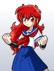 Rule 34 | 1girl, clenched hands, long hair, magami eiko, project a-ko, rcasedrawsstuff, red eyes, red hair, school uniform, serafuku, skirt, solo, vambraces