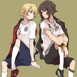 Rule 34 | 10s, 2018 fifa world cup, 2girls, black jacket, blonde hair, blue eyes, braid, brown eyes, brown hair, closed mouth, commentary request, darjeeling (girls und panzer), facepaint, girls und panzer, jacket, looking at another, multiple girls, nishizumi maho, red jacket, ree (re-19), short hair, simple background, sitting, soccer, soccer uniform, sportswear, twin braids, world cup, wristband
