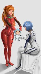 2girls ayanami_rei blue_eyes blue_hair bodysuit breasts brown_hair character_doll coginshell curvy full_body hair_ornament long_hair multiple_girls neon_genesis_evangelion open_mouth plugsuit red_bodysuit red_eyes rei_chikita shiny_clothes sitting souryuu_asuka_langley standing twintails two_side_up upper_body wide_hips