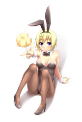 Rule 34 | 1girl, absurdres, animal ears, bad id, bad pixiv id, blonde hair, blue eyes, breasts, erica hartmann, fake animal ears, female focus, food, foreshortening, fork, gradient background, high heels, highres, leotard, pantyhose, playboy bunny, potato, rabbit ears, shoes, short hair, solo, strike witches, surume (clavis), white background, world witches series