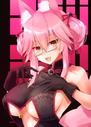 Rule 34 | 1girl, :d, animal ear fluff, animal ears, black gloves, blush, breasts, china dress, chinese clothes, commentary request, dress, fang, fate/grand order, fate (series), fox ears, glasses, gloves, hair bobbles, hair ornament, koyanskaya (chinese lostbelt outfit) (fate), koyanskaya (fate), kurikara, large breasts, looking at viewer, open mouth, pink hair, semi-rimless eyewear, sideboob, sidelocks, smile, solo, tamamo (fate), under-rim eyewear, underboob, upper body, yellow eyes