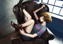 Rule 34 | 1other, androgynous, ankle boots, arm up, armchair, bare arms, bare legs, black footwear, blue shorts, blunt bangs, boots, brown hair, chair, closed eyes, cross-laced footwear, facing away, floor, frisk (undertale), from side, gd choco, highres, indoors, knee up, lace-up boots, leg up, no socks, parted lips, shirt, short hair, short sleeves, shorts, solo, striped clothes, striped shirt, t-shirt, undertale, untied, wall, wavy hair, window