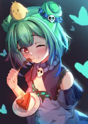 Rule 34 | 1girl, ;t, absurdres, animal, animal on head, bad id, bad pixiv id, bird, black background, blue dress, blue sleeves, blush, bug, butterfly, cake, cake slice, chick, closed mouth, commentary, detached sleeves, double bun, dress, eating, food, fork, green hair, hair bun, hair ornament, hand up, highres, holding, holding fork, holding plate, hololive, huge filesize, insect, juliet sleeves, long sleeves, on head, one eye closed, plate, puffy sleeves, red eyes, sasatabekung, skull hair ornament, sleeveless, sleeveless dress, solo, uruha rushia, uruha rushia (1st costume), virtual youtuber, wide sleeves