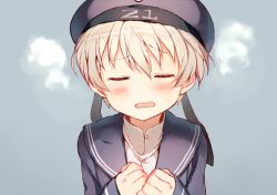 Rule 34 | 10s, 1girl, beret, blonde hair, blush, closed eyes, clothes writing, embarrassed, hat, kantai collection, open mouth, sailor collar, sailor hat, shigaraki (strobe blue), short hair, simple background, solo, steam, wavy mouth, z1 leberecht maass (kancolle)