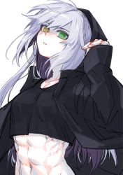 Rule 34 | 1girl, abs, breasts, commentary request, crop top, dodome ichika, green eyes, hair between eyes, hand up, heterochromia, highres, hood, long sleeves, looking at viewer, messy hair, midriff, muscular, muscular female, navel, open mouth, original, ribs, sidelocks, silver hair, simple background, small breasts, solo, upper body, waka (shark waka), white background, yellow eyes