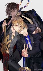 Rule 34 | 3boys, ahoge, arthur pendragon (fate), artist name, belt, black pants, blonde hair, blue shirt, brown hair, earrings, excalibur (fate/prototype), fate/grand order, fate (series), formal, gilgamesh (fate), green eyes, hair between eyes, holding hands, hand on another&#039;s head, heads together, highres, holding, holding weapon, jewelry, looking at viewer, male focus, multiple boys, necklace, necktie, open mouth, ozymandias (fate), pants, pvc parfait, red eyes, shirt, simple background, smile, staff, suit, sword, twitter username, v, weapon, yellow neckwear