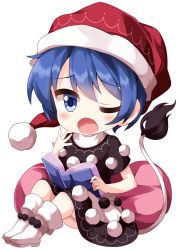 Rule 34 | 1girl, ;o, black dress, blue eyes, blue hair, book, boots, chibi, doremy sweet, dress, full body, hat, highres, holding, holding book, looking at viewer, multicolored clothes, multicolored dress, nightcap, one eye closed, open book, open mouth, pom pom (clothes), red hat, ruu (tksymkw), short hair, simple background, sitting, solo, tail, tapir tail, touhou, two-tone dress, white background, white dress, white footwear, yawning