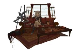 1010kman 1girl absurdres animal_ear_fluff animal_ears arknights black_boots black_jacket blood blood_on_clothes blood_on_furniture blood_on_tail boots breasts coffee_table couch day gloves grey_hair hair_between_eyes hair_ornament hairclip highres jacket lappland_(arknights) long_hair long_sleeves looking_at_viewer on_couch open_mouth scar scar_across_eye severed_head smile stab sword table teapot weapon window wolf_ears wolf_girl