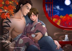 Rule 34 | 1boy, 1girl, 2019, alcohol, arm around waist, autumn, billy coen, blue eyes, blush, bottle, brown hair, choko (cup), couple, cup, dated, closed eyes, hand on another&#039;s leg, hetero, highres, incense, japanese clothes, kimono, leaf, lying, lying on lap, maitake, maple leaf, medium hair, moon, night, obi, off shoulder, parted lips, rebecca chambers, resident evil, resident evil 0, sake, sake bottle, sash, short hair, signature, size difference, star (sky), window, yukata