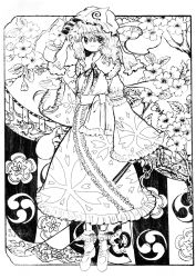 Rule 34 | 1girl, arm garter, bobby socks, branch, cherry blossoms, flower, frilled kimono, frilled sleeves, frills, full body, ghost, greyscale, hand fan, hat, highres, holding, holding fan, japanese clothes, kimono, leaf, long sleeves, looking at viewer, mary janes, medium hair, mob cap, monochrome, obi, okizari, saigyouji yuyuko, sash, shoes, smile, socks, solo, touhou, tree, triangular headpiece, wide sleeves