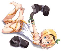 Rule 34 | 1girl, barefoot, blonde hair, blue eyes, blush, boots, edna (tales), feet, hairband, iberiko (soinesitai), leg ribbon, lying, on stomach, parted lips, ribbon, shoes, unworn shoes, side ponytail, soles, steam, strap slip, tales of (series), tales of zestiria, toes