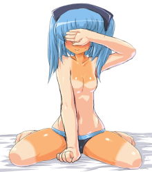 Rule 34 | 10s, 1girl, bad id, bad pixiv id, blue hair, blush, breasts, busou shinki, covering privates, covering face, covering own eyes, dd (ijigendd), long hair, navel, no nipples, sitting, smile, solo, strarf, strarf mk2, tan, tanline, topless, wariza